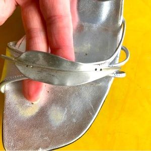 Vintage Calvin Klein silver open-toe evening shoes with pretty leaf pattern